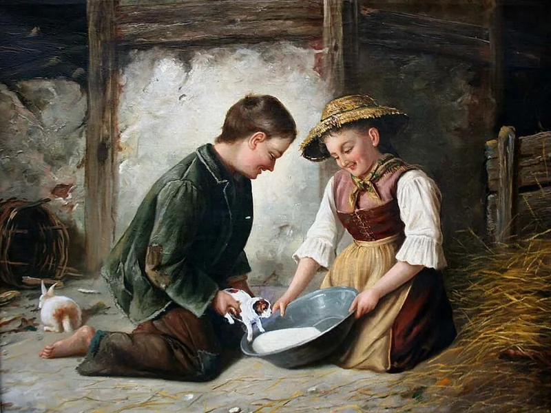 1792-Jakob Ginzel - Bambini contadini che giocano con un animale domestico